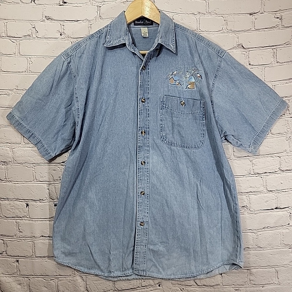 VINTAGE Paradise Point Denim Shirt Birds BIRDHOUSE‎ Embroidered 90's Women's M